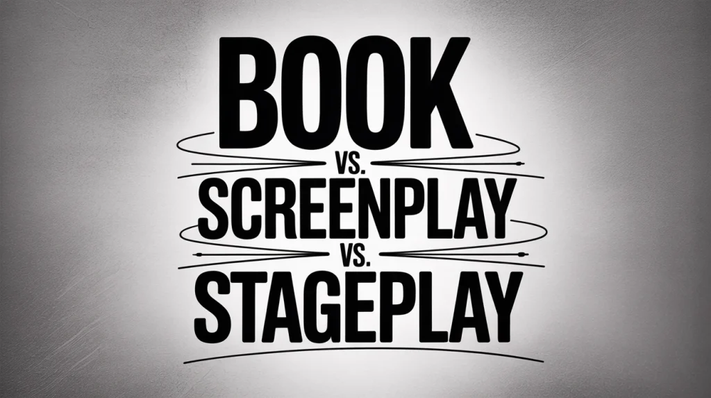 Text-centered graphic with bold black lettering on a white gradient background reads “Book vs. Screenplay vs. Stageplay” with decorative divider lines.