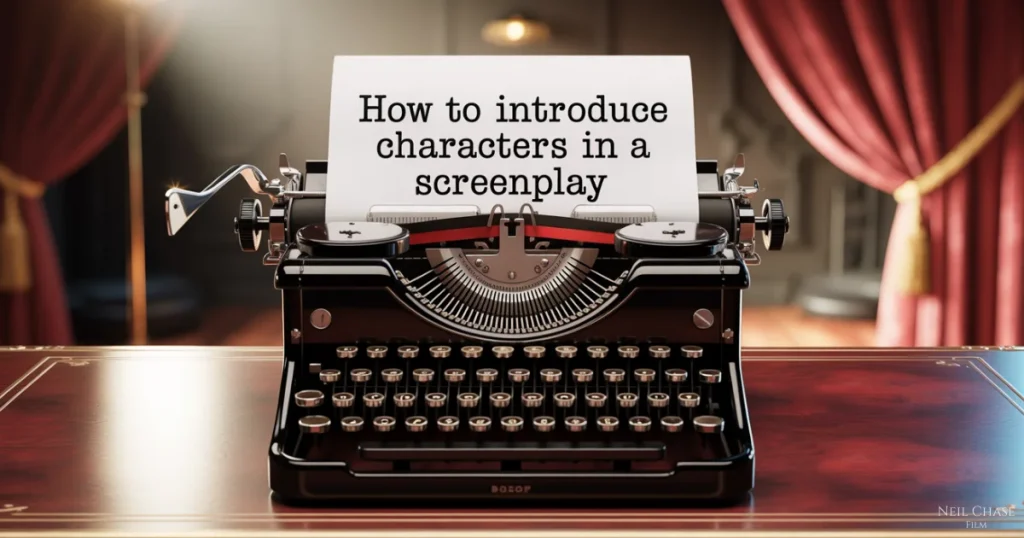 A vintage black typewriter on a polished desk holds paper that reads, “How to introduce characters in a screenplay,” set against dramatic red theater curtains.