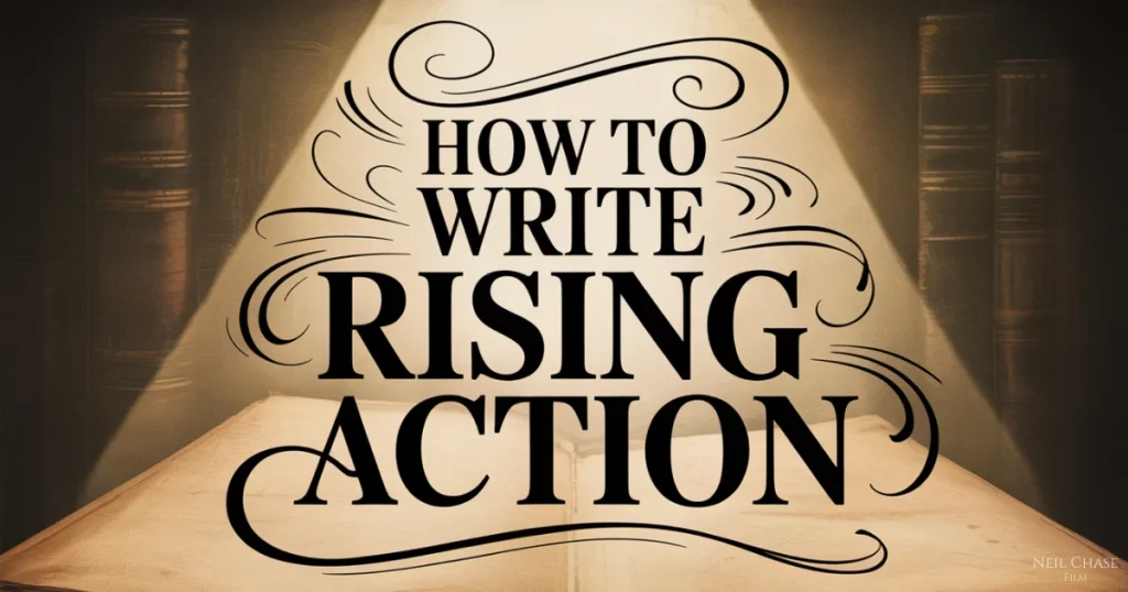 An open book lies under a spotlight with ornate swirls surrounding the bold text: “How to Write Rising Action,” set in a vintage, library-like setting.