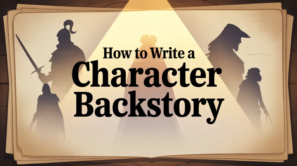 Illustration of character silhouettes on parchment with a spotlight and bold text reading “How to Write a Character Backstory” centered on a fantasy-style backdrop.