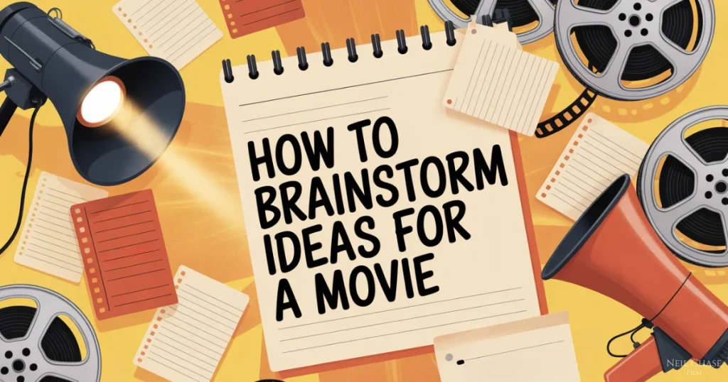 Illustration of a notepad reading “How to Brainstorm Ideas for a Movie,” surrounded by film reels, scattered notes, a spotlight, and a megaphone on a yellow background.