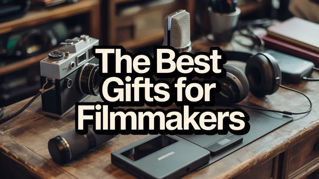 Assorted filmmaking gear—camera, microphone, headphones, and tablet—on a rustic desk with bold text reading “The Best Gifts for Filmmakers.”