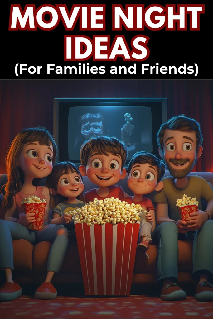 Animated family and friends sit on a couch watching TV with a giant bucket of popcorn; text above reads “Movie Night Ideas (For Families and Friends).”