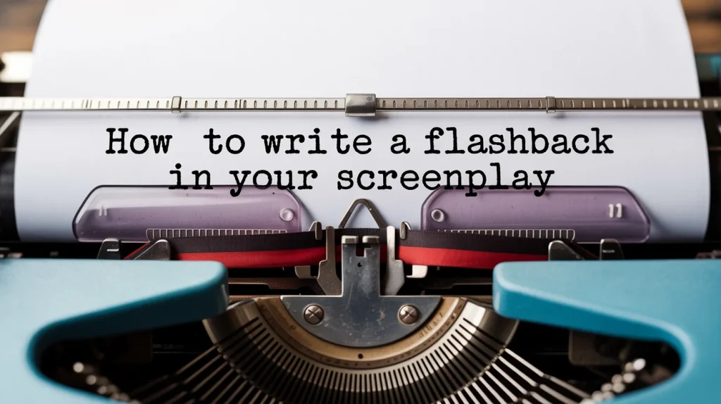 A close-up of a vintage typewriter with paper displaying the typed text “How to write a flashback in your screenplay.”