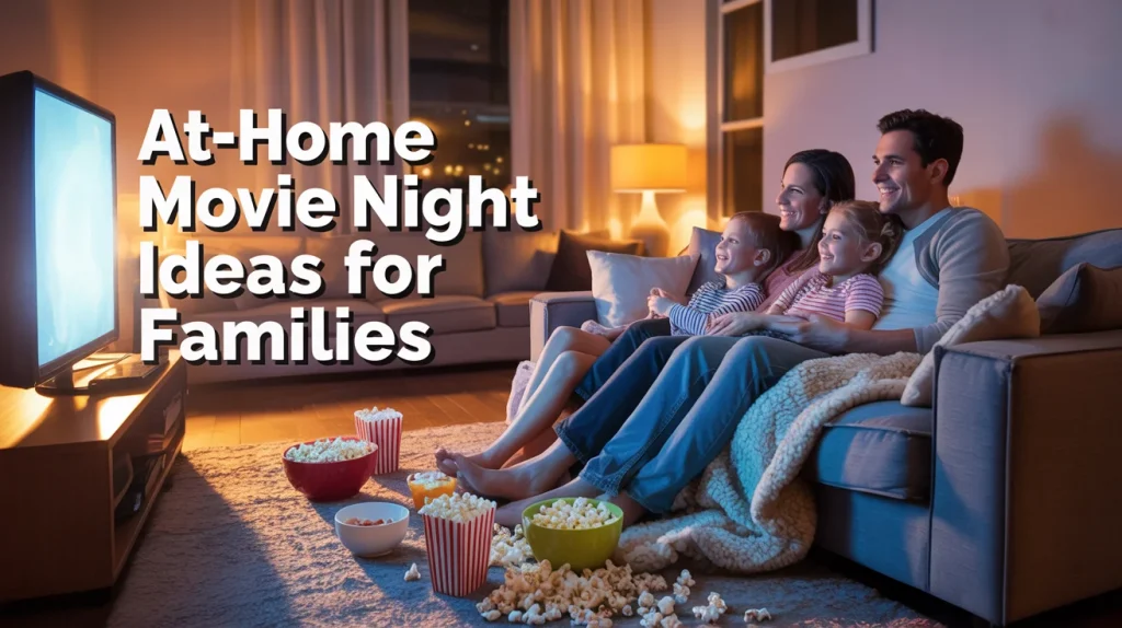 A smiling family of four sits on a couch watching TV with popcorn and snacks around them; text reads “At-Home Movie Night Ideas for Families.”