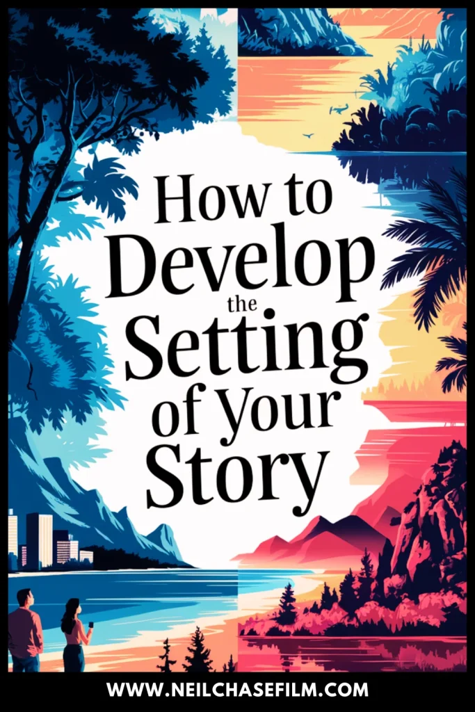 Colorful illustrated landscape split between urban forest and coastal mountain, with text: “How to Develop the Setting of Your Story.”