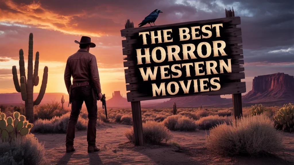 A cowboy stands in a desert at sunset beside a wooden sign reading “The Best Horror Western Movies,” with a crow perched on top.