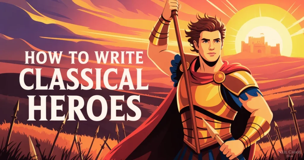 Illustration of a heroic figure in armor with a spear, standing in a sunset-lit battlefield with the text “How to Write Classical Heroes” beside him.