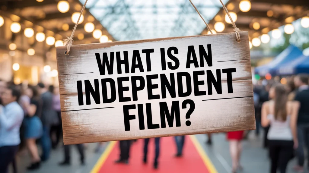 A wooden sign with bold black text reading “What is an Independent Film?” hangs over a red carpet at a busy Hollywood movie event filled with people and string lights.