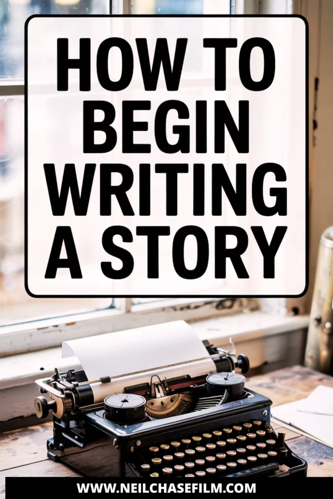 Infographic with the title “How to Begin Writing a Story” above a vintage typewriter on a wooden desk near a window, evoking a creative writing setting.