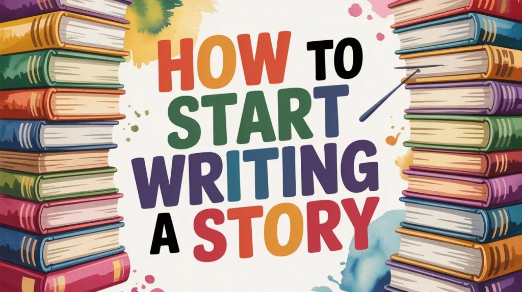 Stacks of colorful books and splashes of paint surround bold rainbow text that reads “How to Start Writing a Story” in a playful, creative style.