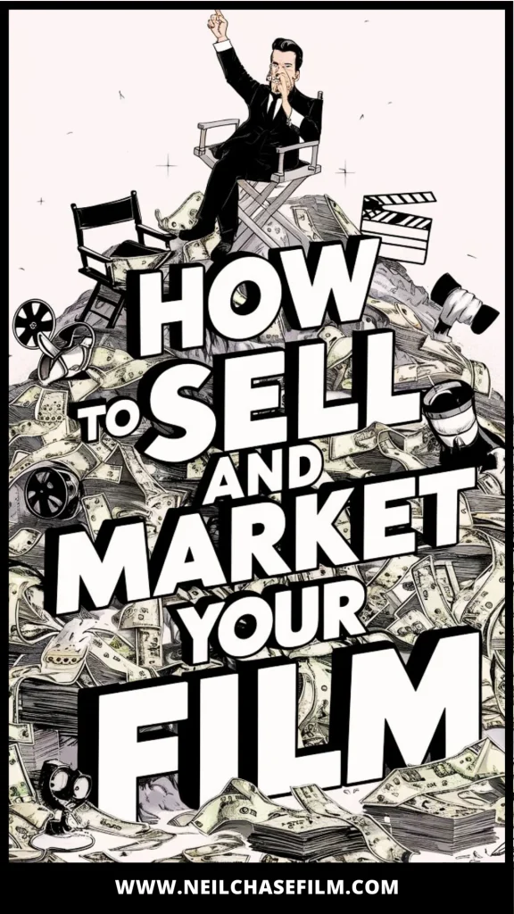 Cartoon-style image of a man in a director’s chair atop a mountain of money, with text reading “How to Sell and Market Your Film” in bold white letters.