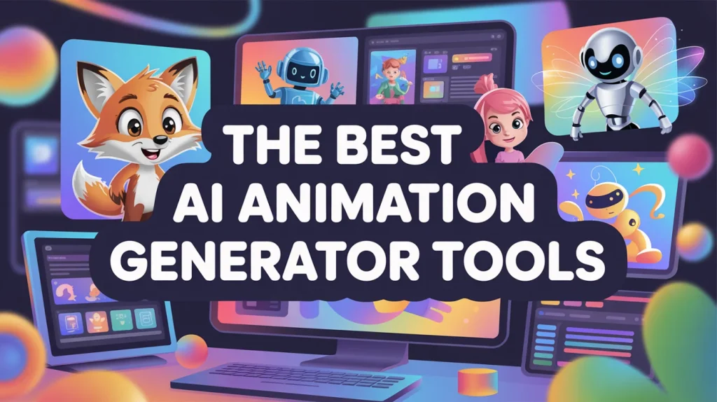 Colorful digital illustration of cartoon characters and robot avatars around a desktop setup, with bold central text reading “The Best AI Animation Generator Tools.”