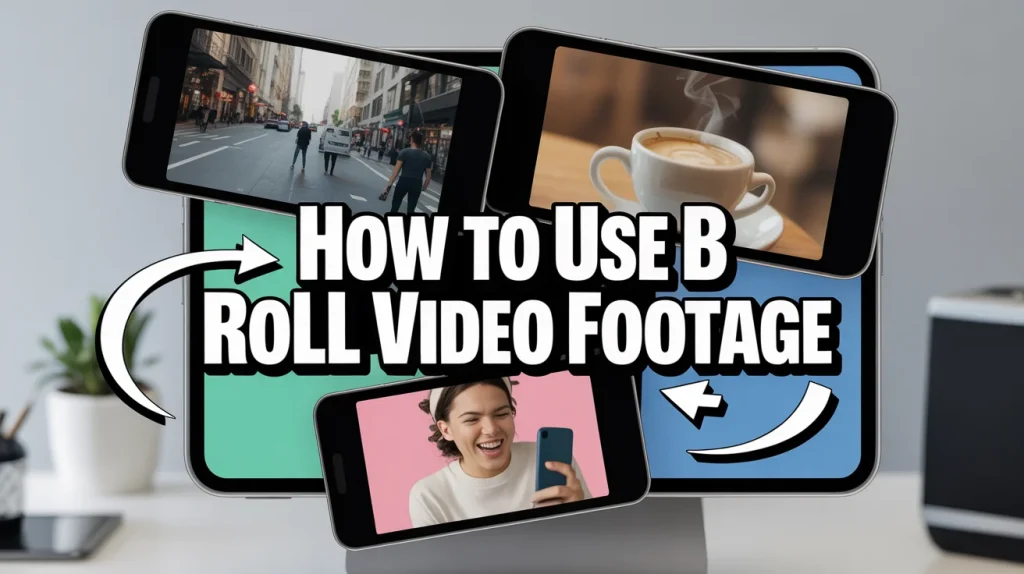 Four smartphones show B-roll clips of a city street, steaming coffee, and a smiling woman, with bold text reading “How to Use B-Roll Video Footage” in the center.