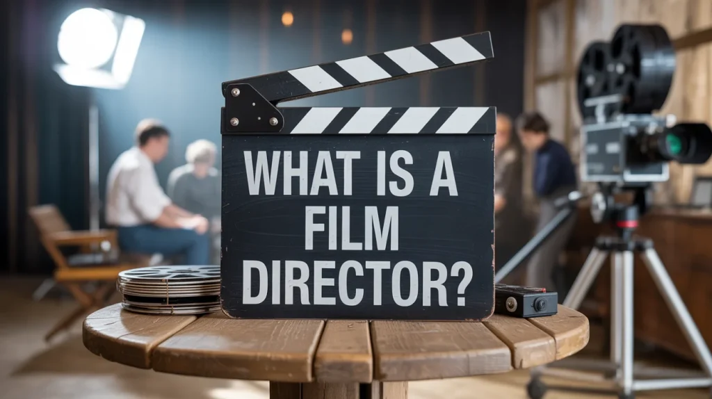 A movie clapperboard on a round wooden table reads “What is a Film Director?” with film reels nearby and a film crew working in the blurred background.