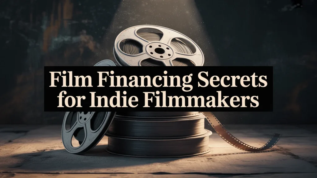 Film reels stacked under a spotlight on a rustic surface with bold text overlay reading “Film Financing Secrets for Indie Filmmakers” in a cinematic, dramatic style.