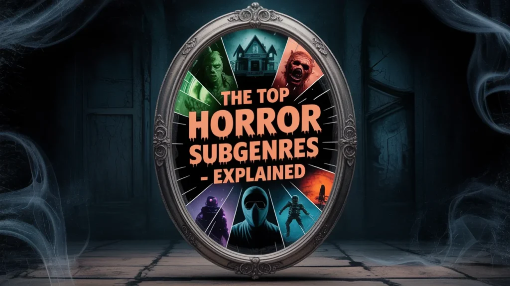 An ornate mirror displays “The Top Horror Subgenres – Explained” with creepy characters and horror scenes arranged in color-coded slices, set in a haunted hallway.