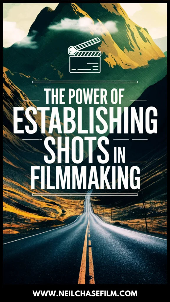 Illustration of a scenic mountain road with text reading “The Power of Establishing Shots in Filmmaking,” emphasizing visual storytelling in film.