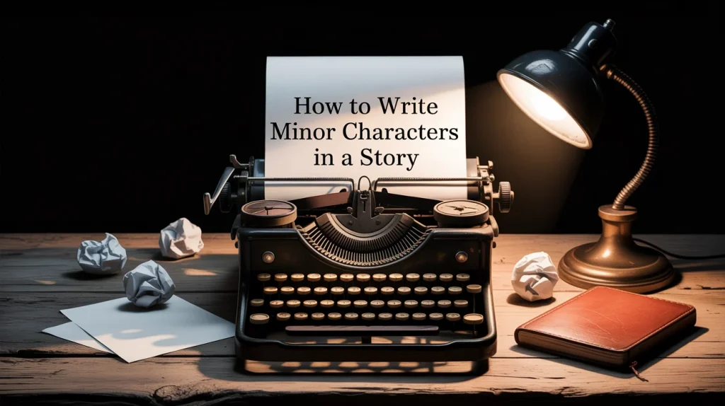 A vintage typewriter under a desk lamp displays the text “How to Write Minor Characters in a Story” on paper, surrounded by crumpled drafts and a leather notebook.