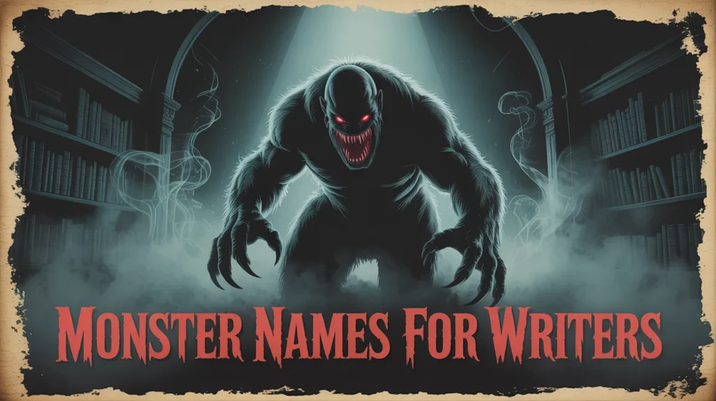 A monstrous creature with glowing red eyes and sharp claws stands menacingly in a foggy, dark library under a spotlight with the title “Monster Names for Writers.”