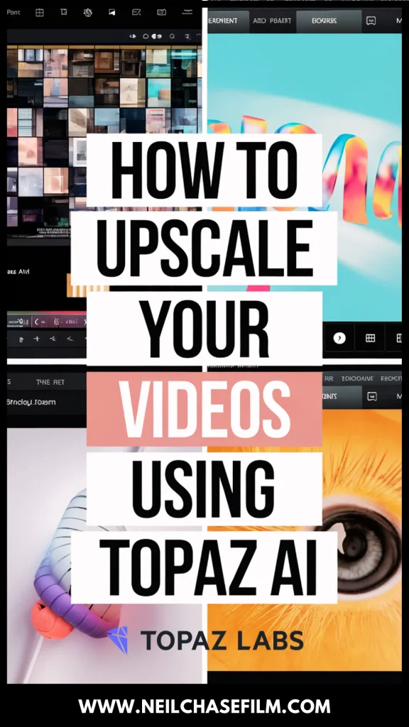 Bold text reads “How to Upscale Your Videos Using Topaz AI” over a collage of colorful video thumbnails, with the Topaz Labs logo and website at the bottom.