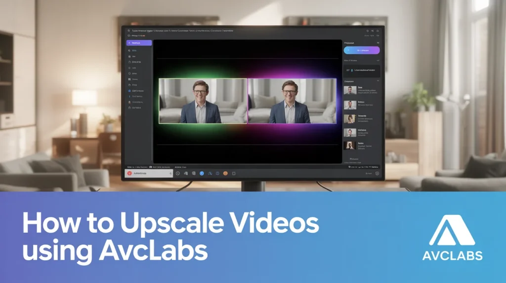 A computer monitor in a cozy living room displays side-by-side video comparison in AVCLabs software, with text below reading “How to Upscale Videos using AvcLabs.”
