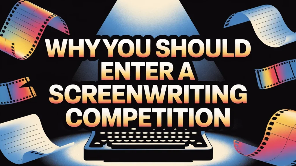 Colorful film strips and script pages swirl around bold text reading “Why You Should Enter a Screenwriting Competition,” spotlighted above a vintage typewriter.