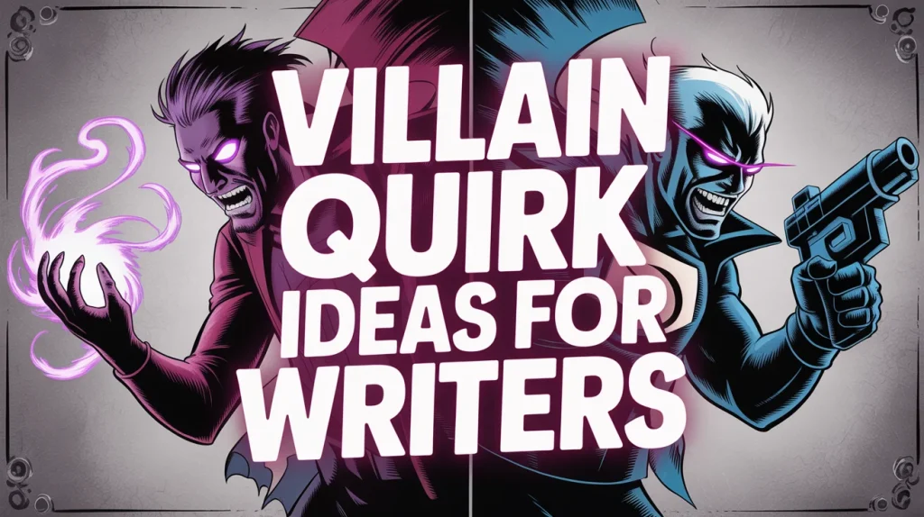 Comic-style image split between two villains—one with glowing eyes and a magic orb, the other with a gun and smirk—featuring the text “Villain Quirk Ideas for Writers.”