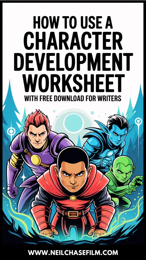 Infographic featuring four superhero-style characters below bold text that reads “How to Use a Character Development Worksheet – With Free Download for Writers.”