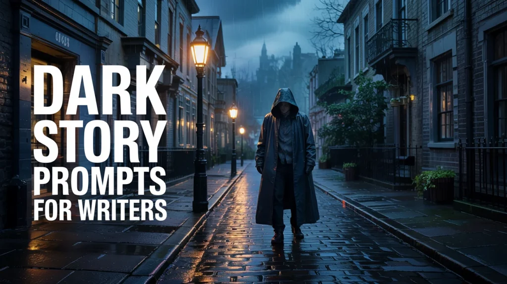A mysterious hooded figure walks down a dim, rainy cobblestone street at night, with bold white text reading “Dark Story Prompts for Writers” on the left side.