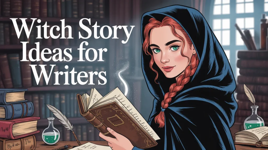 Infographic featuring the title “Witch Story Ideas for Writers” beside a red-haired witch in a cloak holding a glowing book in a magical library setting.
