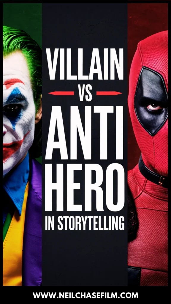 Split image with the Joker on the left and Deadpool on the right, centered around bold text reading “Villain vs Anti-Hero in Storytelling.”