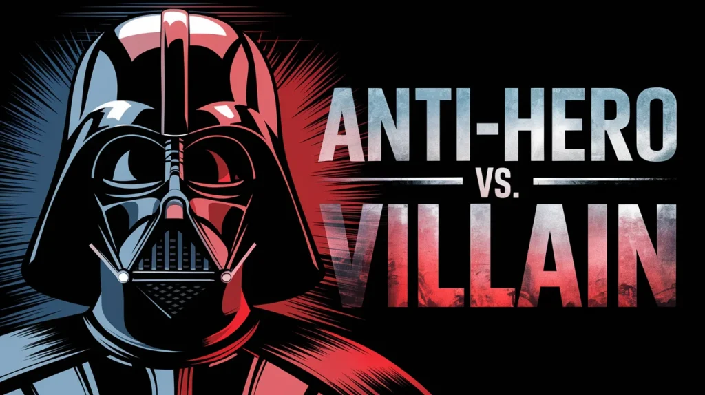 Split-colored image of a masked figure resembling Darth Vader, with the left half in blue and right in red, next to bold text reading “ANTI-HERO vs. VILLAIN.”