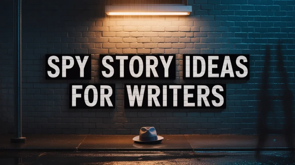 Infographic with bold white text reading “Spy Story Ideas for Writers” on a dimly lit brick wall, with a fedora on the wet ground under a streetlamp.