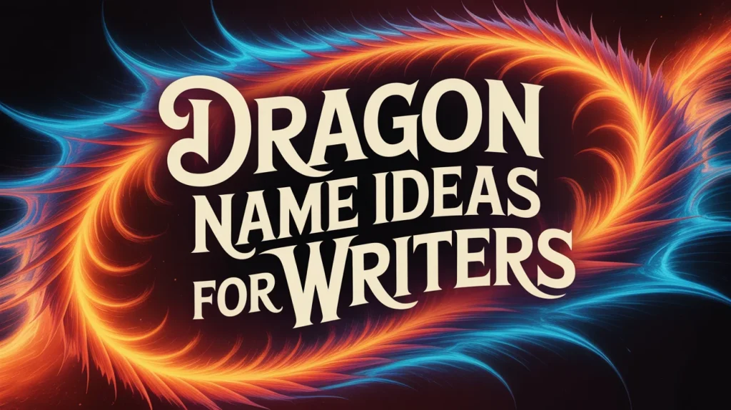 Infographic with the title “Dragon Name Ideas for Writers” in bold fantasy-style font, surrounded by swirling flames in fiery orange and icy blue against a dark background.