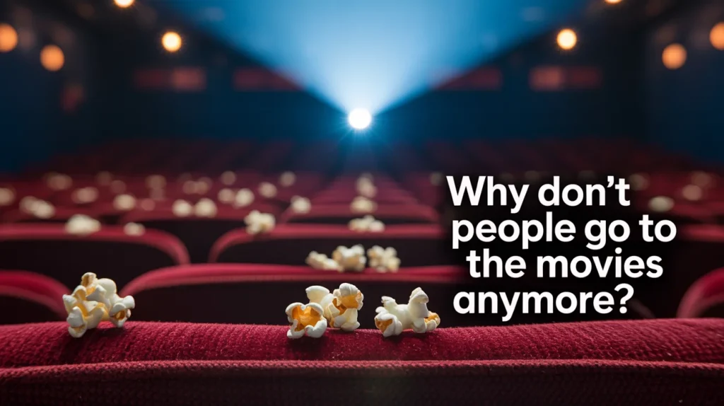Empty movie theater with scattered popcorn on red seats, a lit projector beam shining forward, and bold white text asking, “Why don’t people go to the movies anymore?”