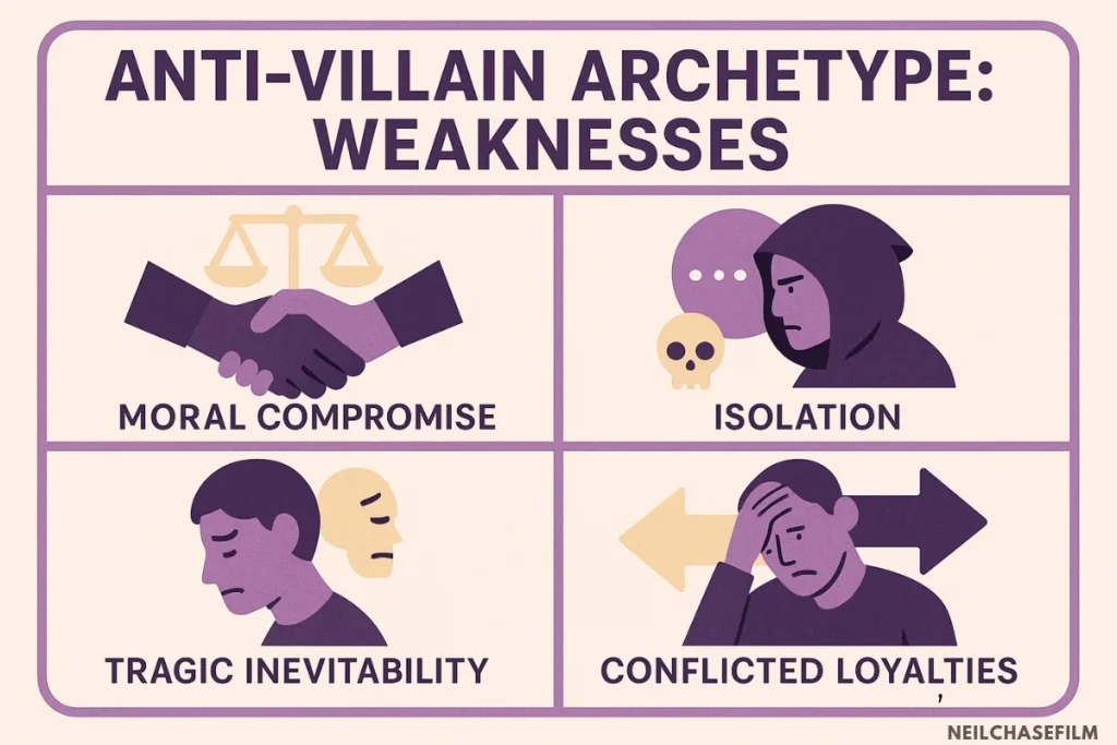 Infographic titled "Anti-Villain Archetype: Weaknesses" shows moral compromise, isolation, tragic inevitability, and conflicted loyalties as key flaws.