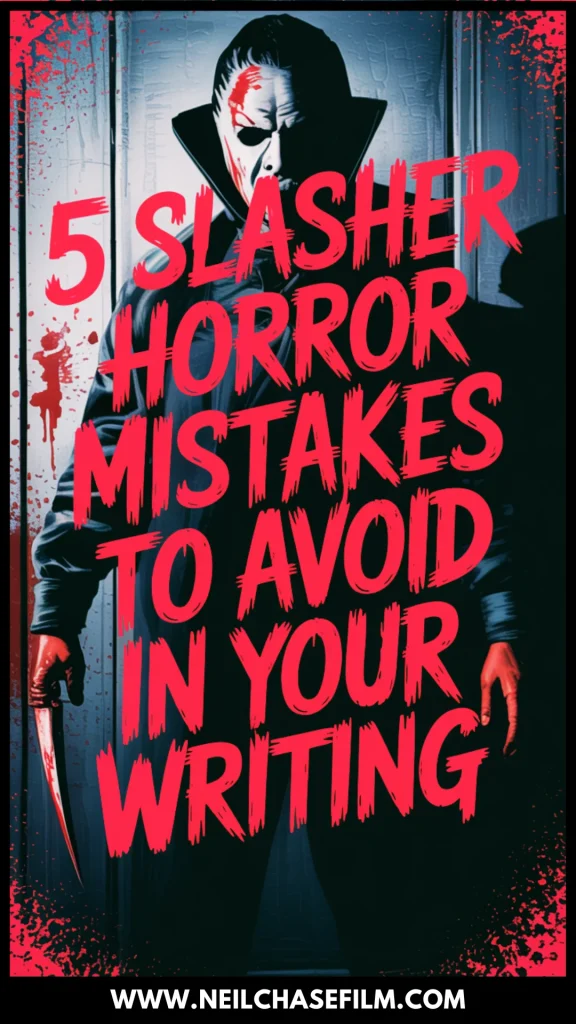 Infographic featuring a blood-splattered masked killer holding a knife with bold red text: “5 Slasher Horror Mistakes to Avoid in Your Writing.”