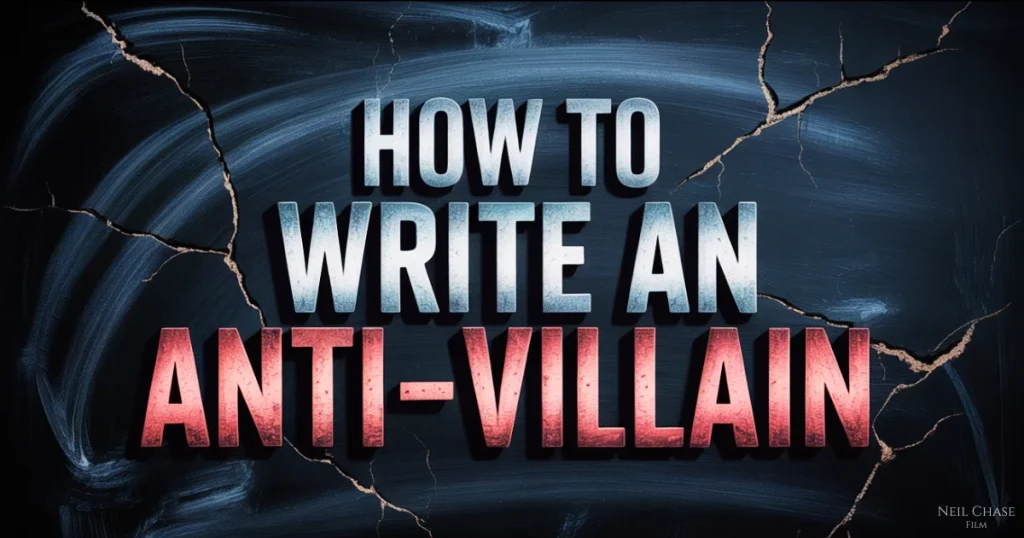 Text graphic with a cracked dark background reads “How to Write an Anti-Villain,” with “ANTI-VILLAIN” in bold red gradient and the rest in icy blue.