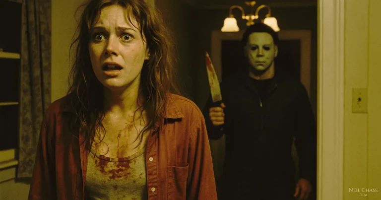 Terrified woman with blood on her shirt stands in the foreground as a masked figure holding a bloody knife approaches menacingly from behind in a dimly lit house.