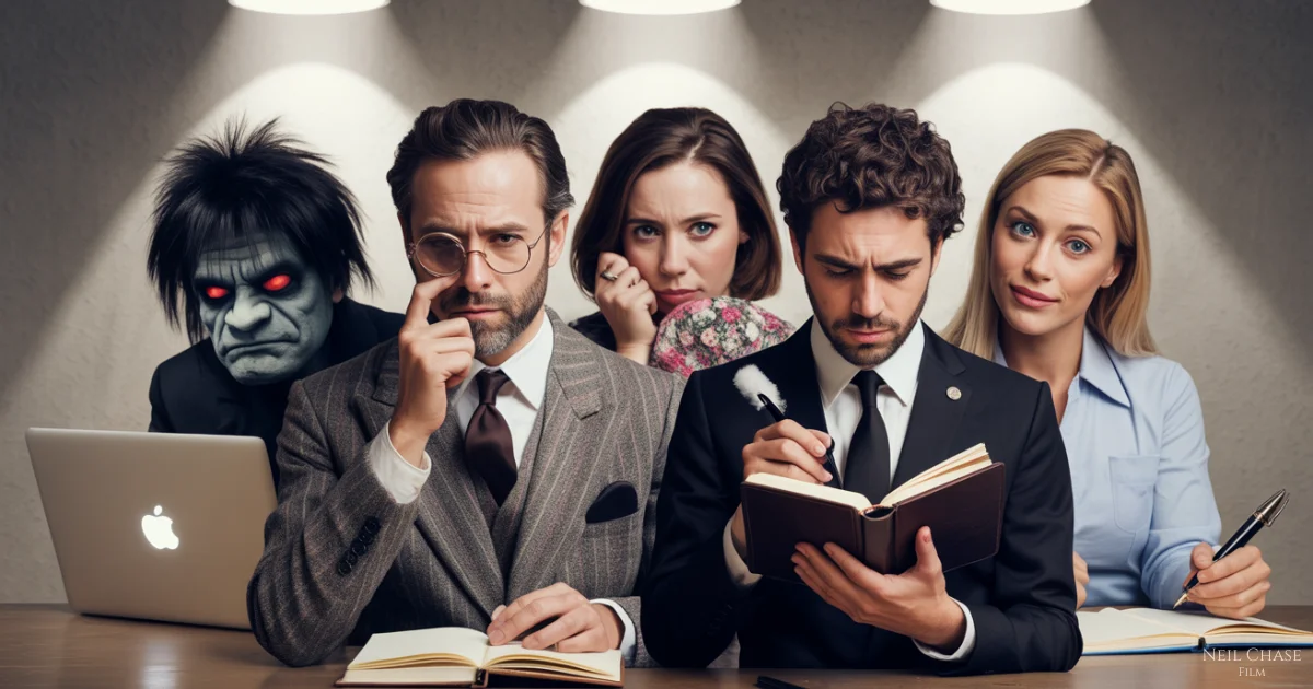 Five characters sit side by side representing different writing critics: a troll with red eyes, a stern man, a nervous woman, a serious note-taker, and a friendly professional.
