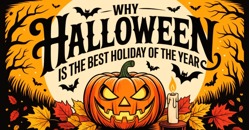 Halloween-themed infographic with bold text reading "Why Halloween is the Best Holiday of the Year," featuring a glowing jack-o'-lantern, candle, bats, and autumn leaves.