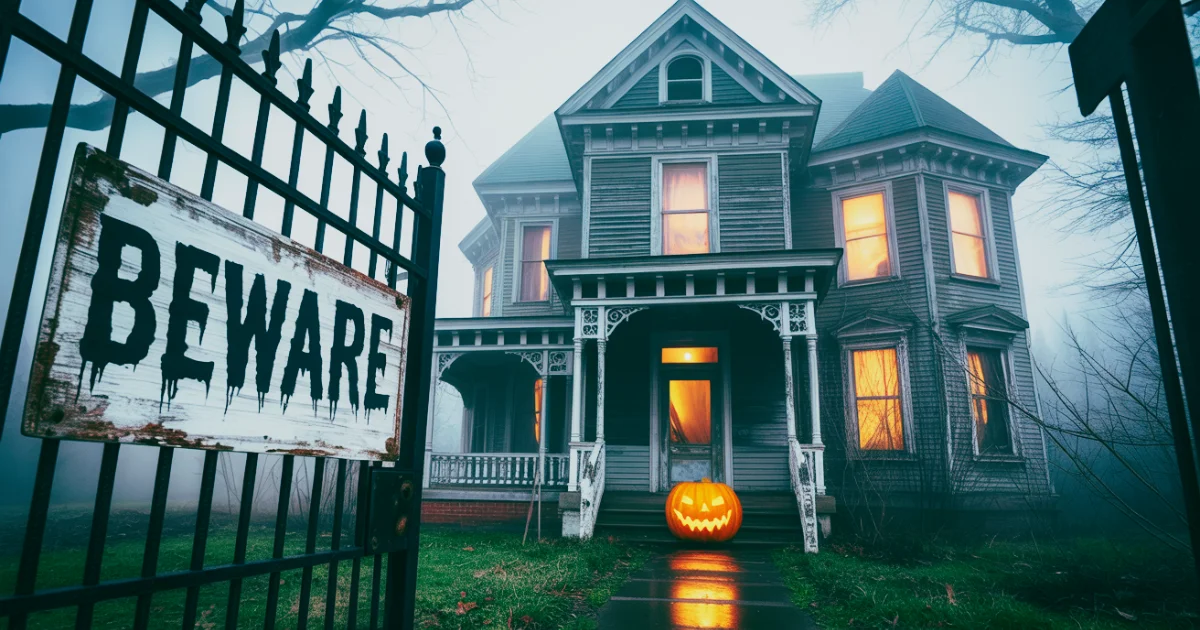 Spooky Victorian-style house with glowing windows and a lit jack-o'-lantern on the porch; fog surrounds the yard and a gate sign reads "BEWARE."