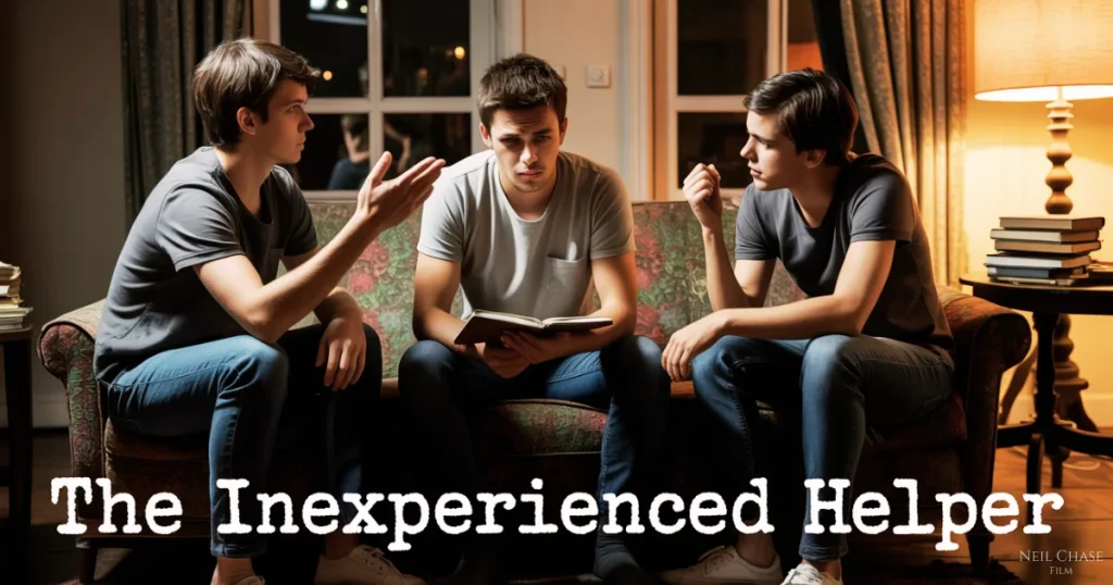 Three young men sit on a couch; the one in the middle looks unsure with a book in hand, while the others offer advice. Text reads “The Inexperienced Helper.”