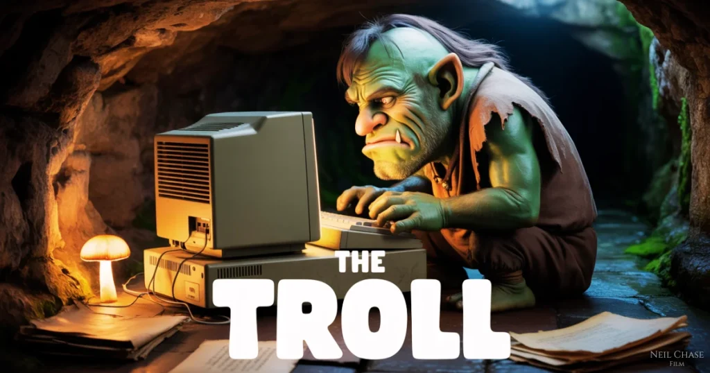 A grumpy green troll types on a vintage computer inside a dim cave, surrounded by papers, with bold white text reading “The Troll” at the bottom.