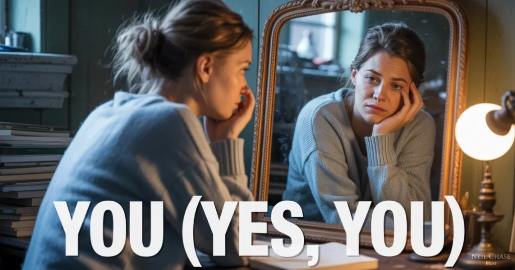 A woman in a cozy sweater stares at her reflection in a mirror with a tired, doubtful expression; bold text at the bottom reads “YOU (YES, YOU).”