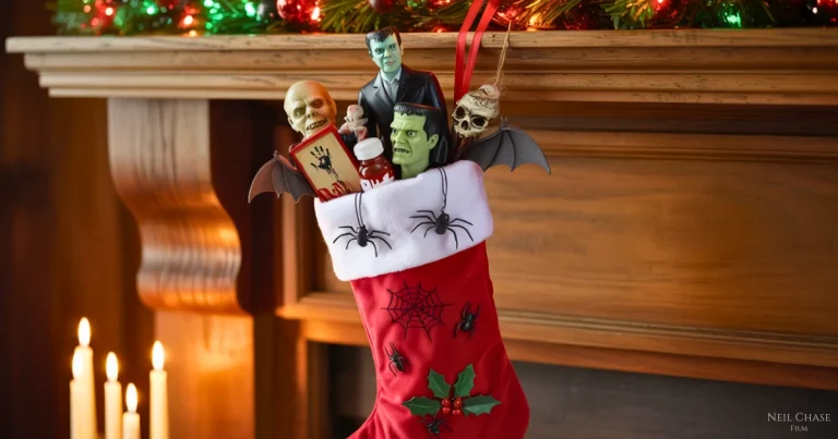 Red Christmas stocking decorated with spiders and holly hangs on a fireplace, filled with classic monster toys, skulls, bats, and horror-themed items.