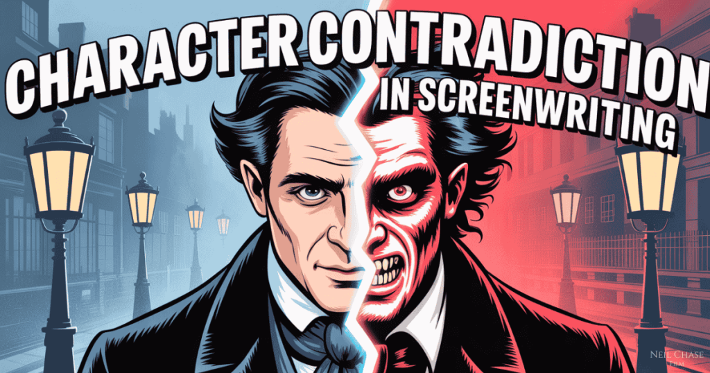 Illustration of Dr. Jekyll and Mr. Hyde with large text saying Character Contradiction in Screenwriting