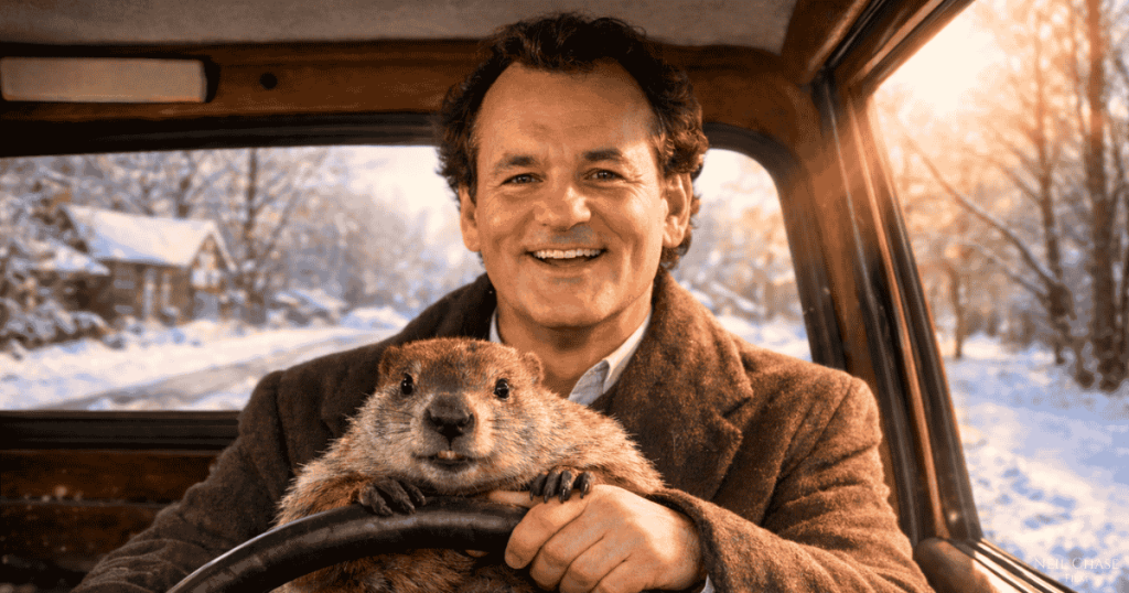 A smiling Phil Connors drives an old truck through a snowy town while a groundhog grips the steering wheel, creating a playful winter scene.