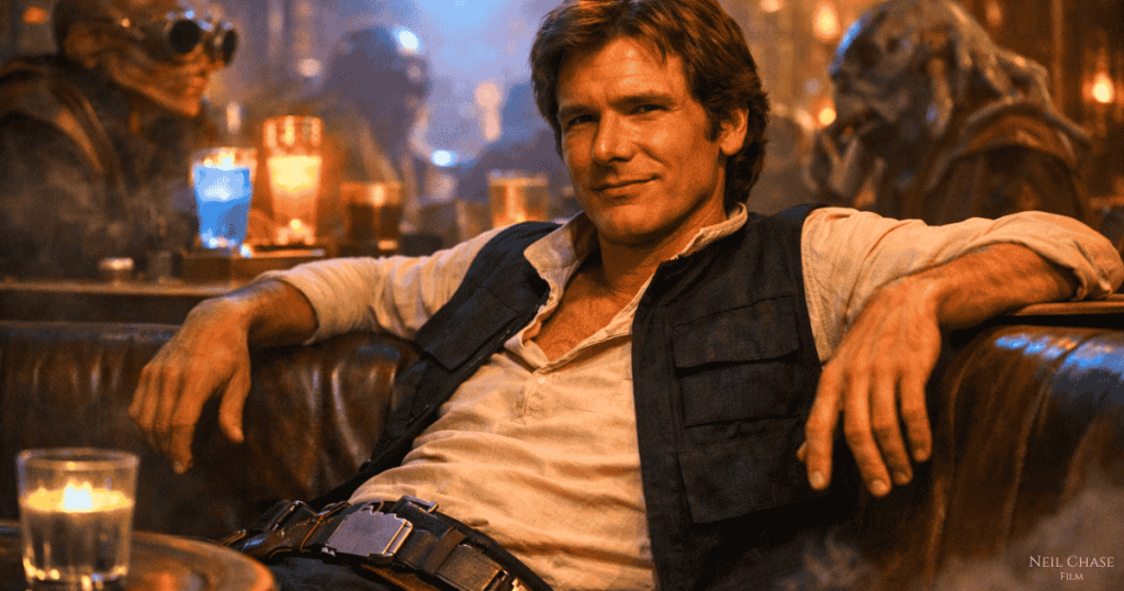 A relaxed Han Solo in an open shirt and vest lounges in a crowded, amber-lit cantina, arms spread across a booth with a cocky grin.